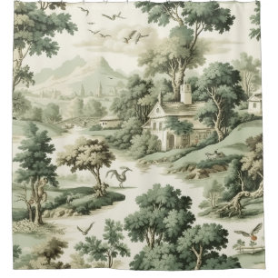 French Farmhouse Green Toile Village Pattern Shower Curtain