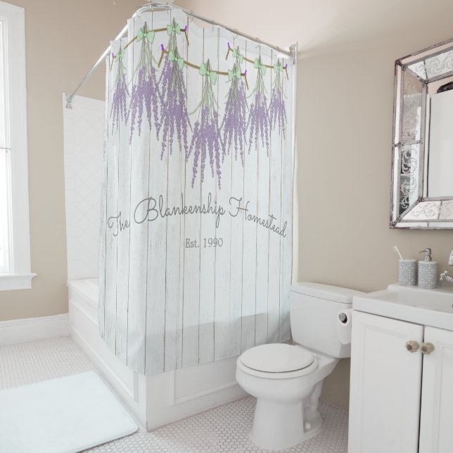 French Farmhouse Lavender Bundle Green Bow Shower Curtain (In Situ)