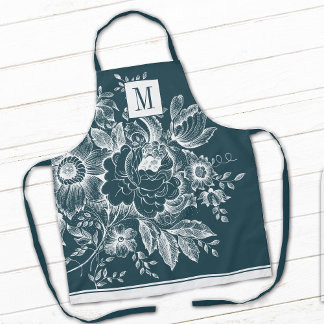 French Farmhouse Peony Monogram Dark Turquoise Apron