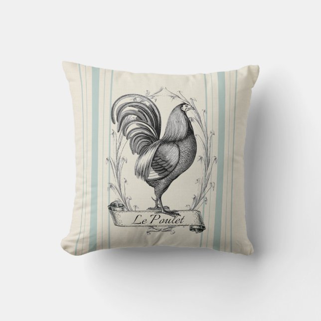French Farmhouse Rooster blue grain sack striped Cushion (Front)