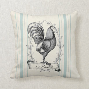 French Farmhouse Rooster blue grain sack striped Cushion