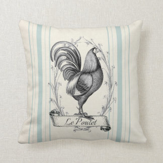 French Farmhouse Rooster blue grain sack striped Cushion