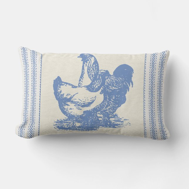 French Farmyard Chickens with Ticking Lumbar Cushion (Front)