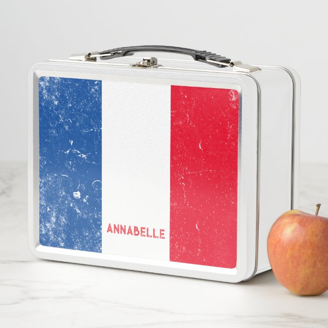 French Flag Distressed Look School Custom Name Metal Lunch Box (In Situ)