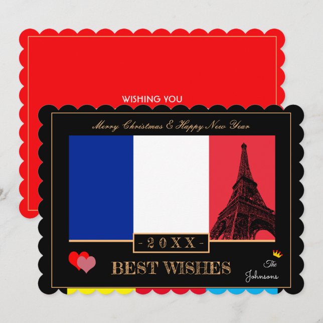 French Flag & Eiffel Happy New Year Wishes France Holiday Card (Front/Back)