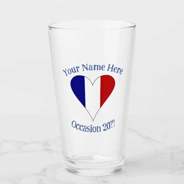 French Flag Heart Blue Personalised  Glass (Front)