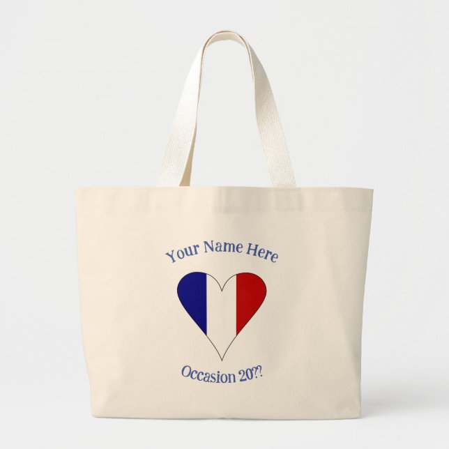 French Flag Heart Blue Personalised  Large Tote Bag (Front)