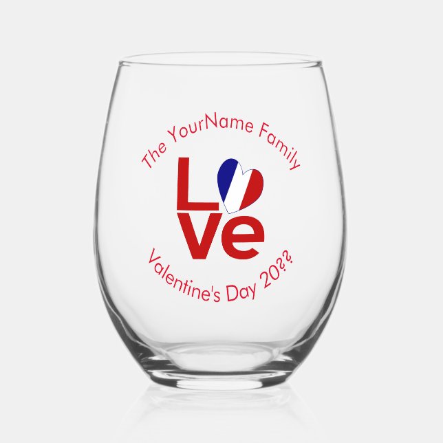 French Flag LOVE Red Personalised Text  Stemless Wine Glass (Front)