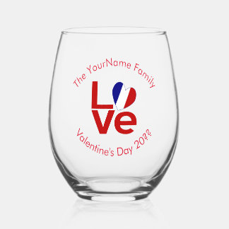 French Flag Red Letters LOVE Personalised Stemless Wine Glass