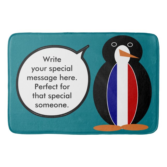 French Flag Talking Ms Penguin Personalised  Bath Mat (Front)