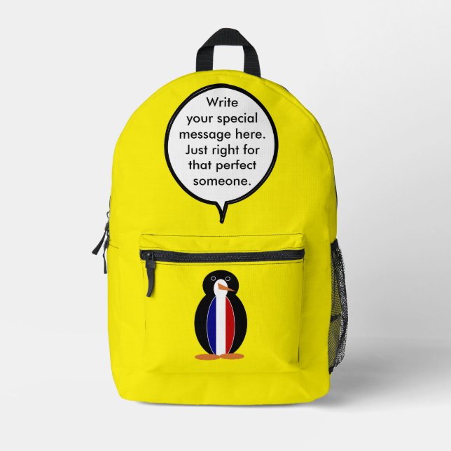 French Flag Talking Ms Penguin Personalised Printed Backpack (Front)