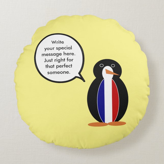 French Flag Talking Ms Penguin Personalised  Round Cushion (Front)