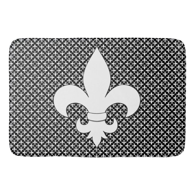 French Fleur de Lis Black and White Pattern Bath Mat (Front)