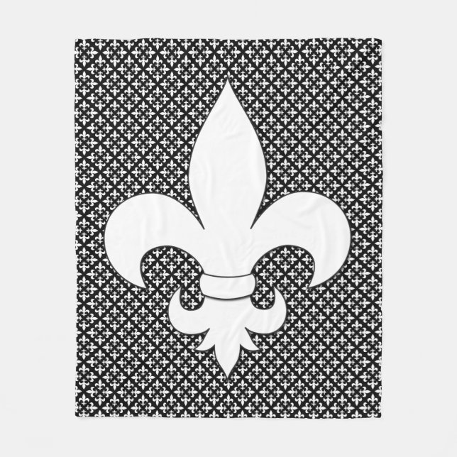 French Fleur de Lis Black and White Pattern Fleece Blanket (Front)