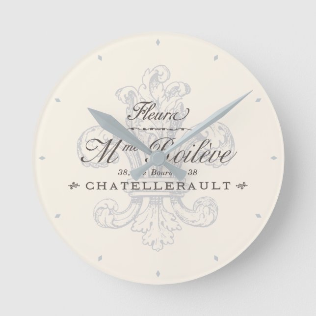 French Fleur de Lis Chatellerault Grey Round Clock (Front)