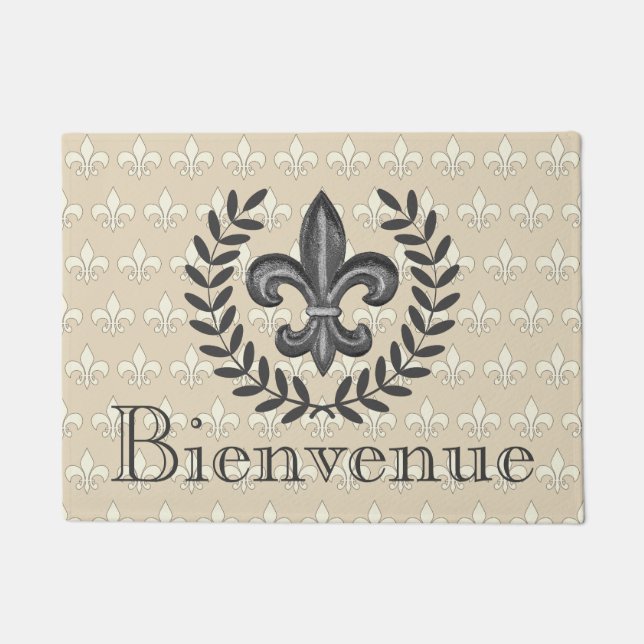 French Fleur De Lis & Laurels Bienvenue Doormat (Front)