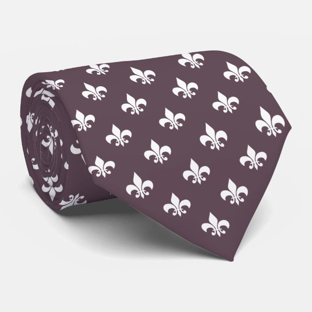 French Fleur de Lis Pattern Dark Mauve Purple Tie (Rolled)