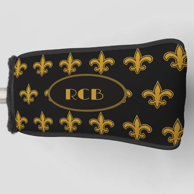 French Fleur De Lis Pattern Initials Gold-N-Black  Golf Head Cover (Front)