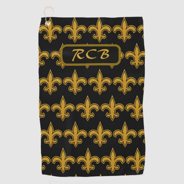 French Fleur De Lis Pattern Initials Gold-N-Black Golf Towel (Front)