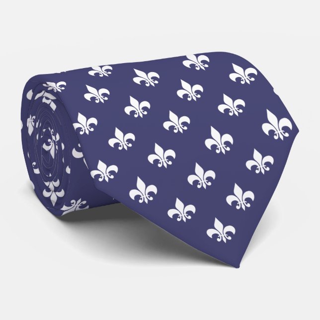 French Fleur de Lis Pattern White on Navy Blue Tie (Rolled)