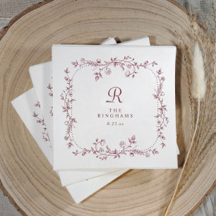 French Floral Burgundy Dark Red Monogram Wedding Napkin