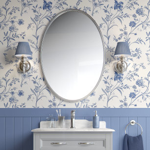 French Floral Charm - Blue and Off-White - French Wallpaper
