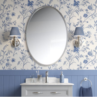 French Floral Charm - Blue and Off-White - French  Wallpaper
