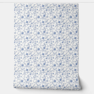 French Floral Charm Mini - Blue and Off-White Wallpaper