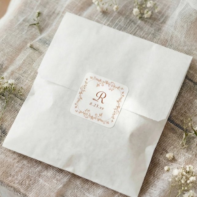 French Floral Copper Orange Monogram Wedding Square Sticker (Terracotta wedding monogram sticker with vintage French floral frame and date)
