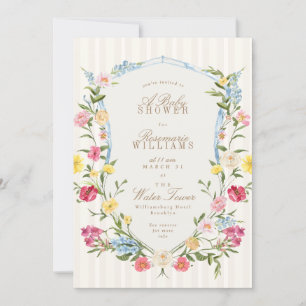 French floral crest cream pink blue baby shower invitation
