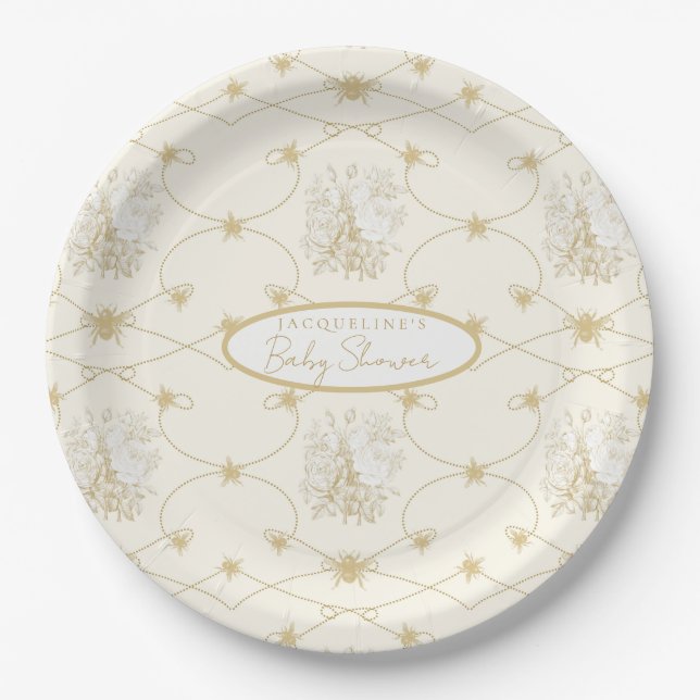 French Floral Elegant Bees Ivory Gold Personalised Paper Plate (Front)