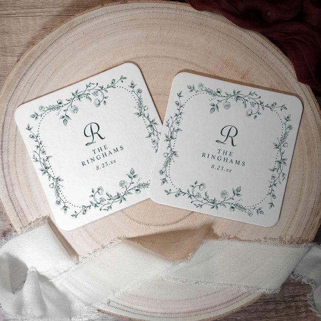 French Floral Emerald Green Monogram Wedding Square Paper Coaster (Emerald Green Wedding Paper Coaster with Monogram and Vintage Floral Frame)