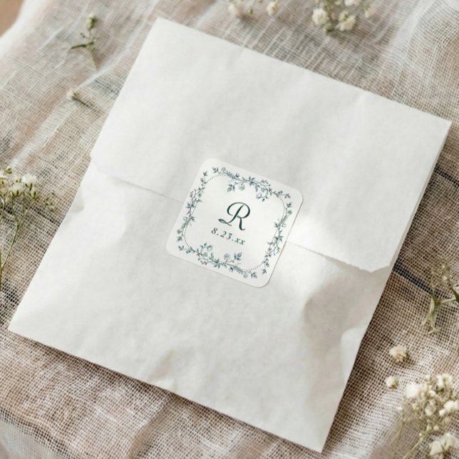 French Floral Emerald Green Monogram Wedding Square Sticker (Emerald green wedding monogram sticker with elegant floral frame and wedding date)