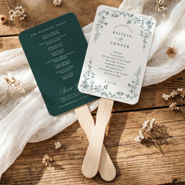 French Floral Emerald Green Wedding Program Hand Fan (Emerald green wedding program fan with vintage French chinoiserie floral frame)