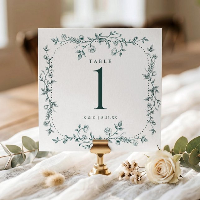 French Floral Emerald Green Wedding Table Numbers (Emerald green square wedding table number with vintage French floral frame.)