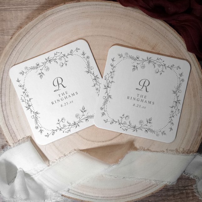 French Floral Grey Victorian Monogram Wedding Square Paper Coaster (Personalized Silver Gray Wedding Coaster with Vintage French Floral Design)
