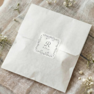 French Floral Grey Vintage Monogram Wedding Square Sticker