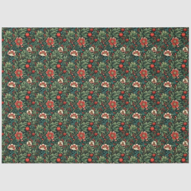 French Floral Joy: Red & Green Christmas Tissue Paper (Front)