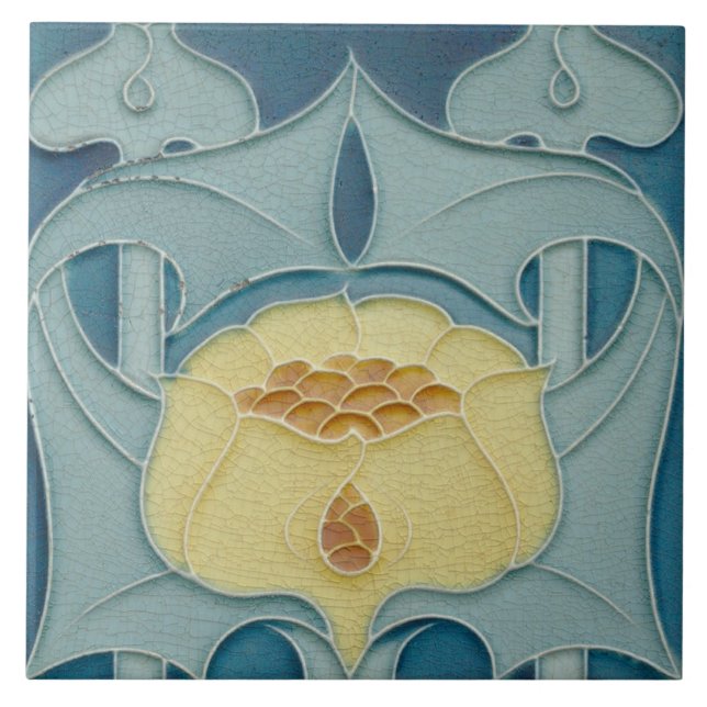 French Floral Maroon Art Nouveau Aqua Blue  Ceramic Tile (Front)