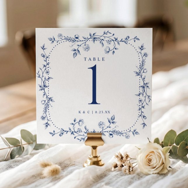 French Floral Navy Blue Wedding Table Numbers (Navy blue square wedding table number with vintage French floral frame.)