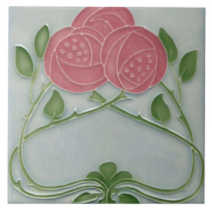 French Floral Roses Art Nouveau Pink Blue  Ceramic Tile