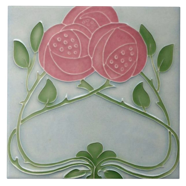 French Floral Roses Art Nouveau Pink Blue  Ceramic Tile (Front)