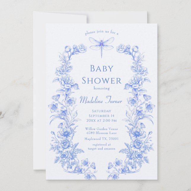 French Floral Something Blue Dragonfly Baby Shower Invitation (Front)