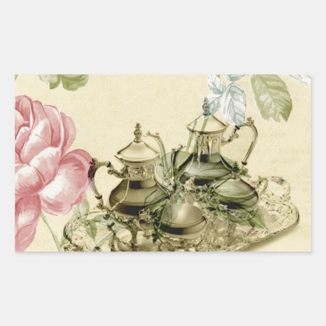 French floral Teacup Teapot Paris Tea Party Rectangular Sticker (Front)