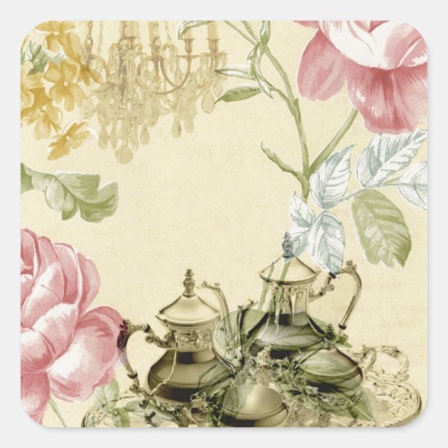 French floral Teacup Teapot Paris Tea Party Square Sticker (Front)