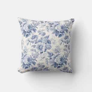 French floral toile blue cushion