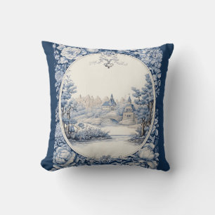 French floral toile blue cushion