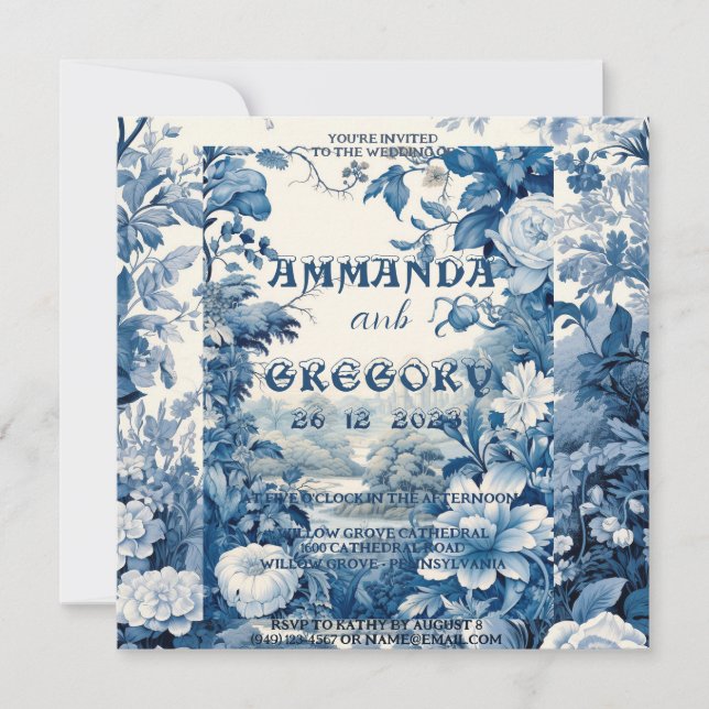 French Floral Toile Blue Invitation (Front)
