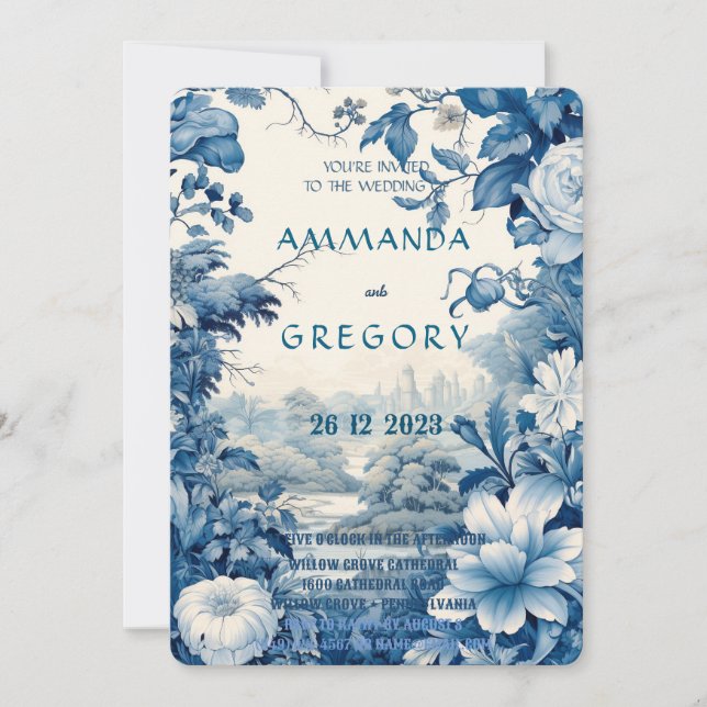 French Floral Toile Blue Invitation (Front)