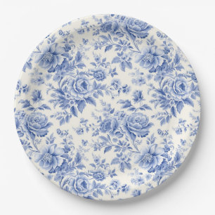 French floral toile blue paper plate